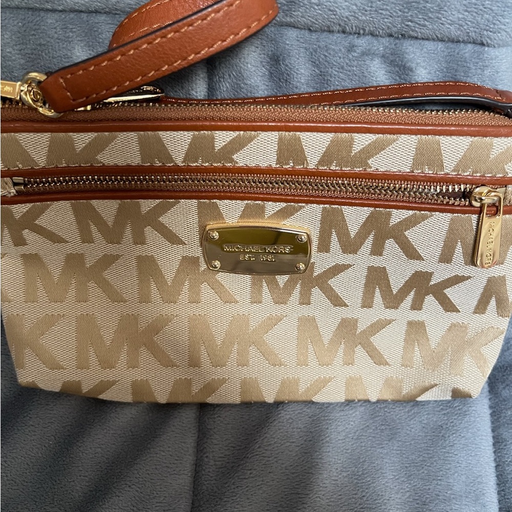 Michael Kors Beige and Brown Logo Wristlet